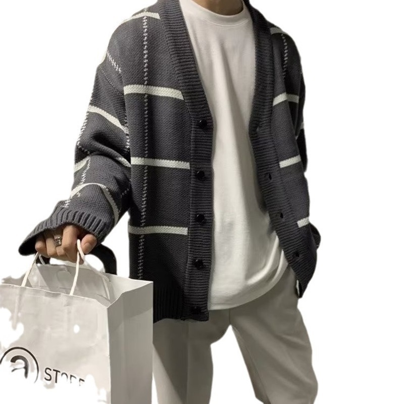New Trendy Cardigan Mens Sweater Korean Edition British Checkered Striped Coat Knitwear – Knit Sweater and Knitwear Men price