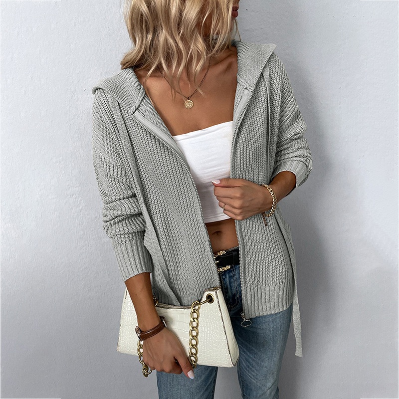 Solid Color Hooded Zipper European and American Knitwear Autumn and Winter New Drawstring Pocket Sweater Womens Cardigan Jacket Sweater – Sweater and Women Sweater price