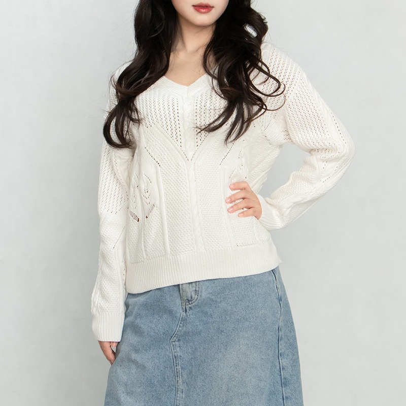 White Open-Weave V-Neck Long-Sleeved Sweater – Knit Sweater and Vintage Sweater price