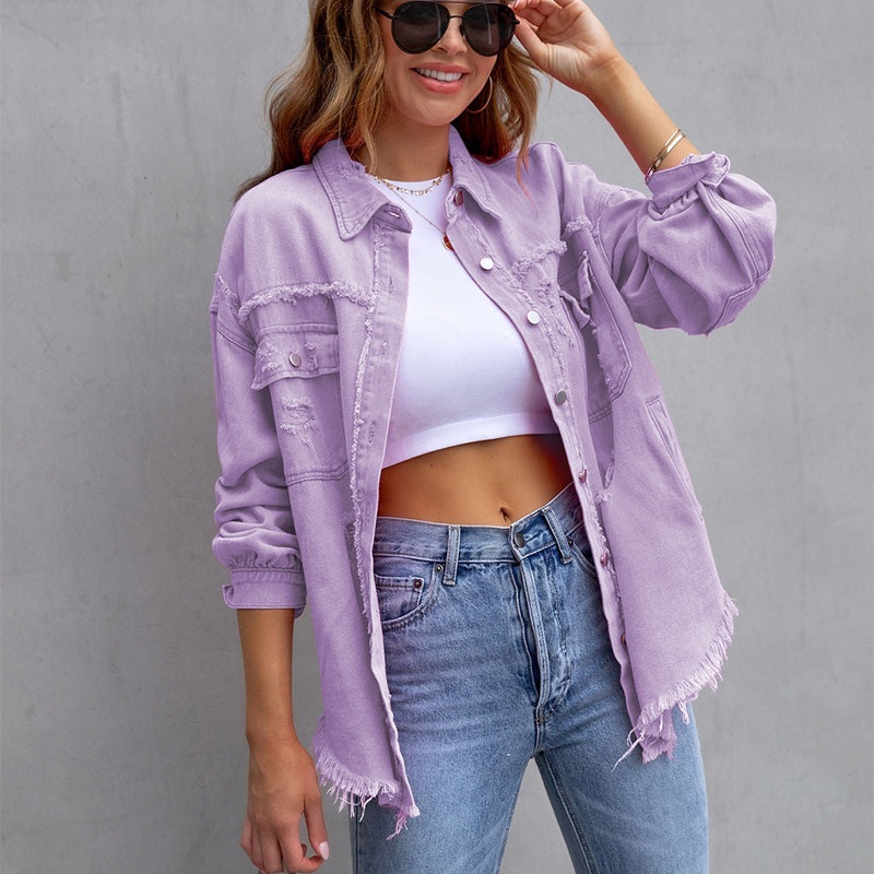 Wholesale Fashionable New Multi-Colored MID-Length Ripped Loose Denim Jacket Women – Fashion Hoody Popular Jacket and High Funnel Neck Jacket price
