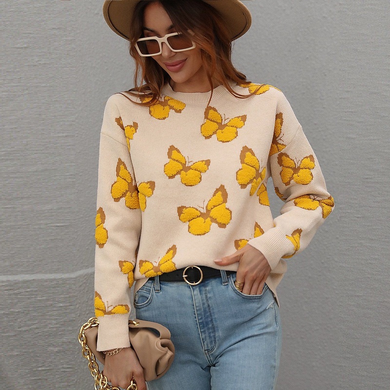 Winter Butterflies Jacquard Round Neck Knitwear Clothes Women Loose Large-Size Pullover Sweater – Striped Sweater and Women Sweater price
