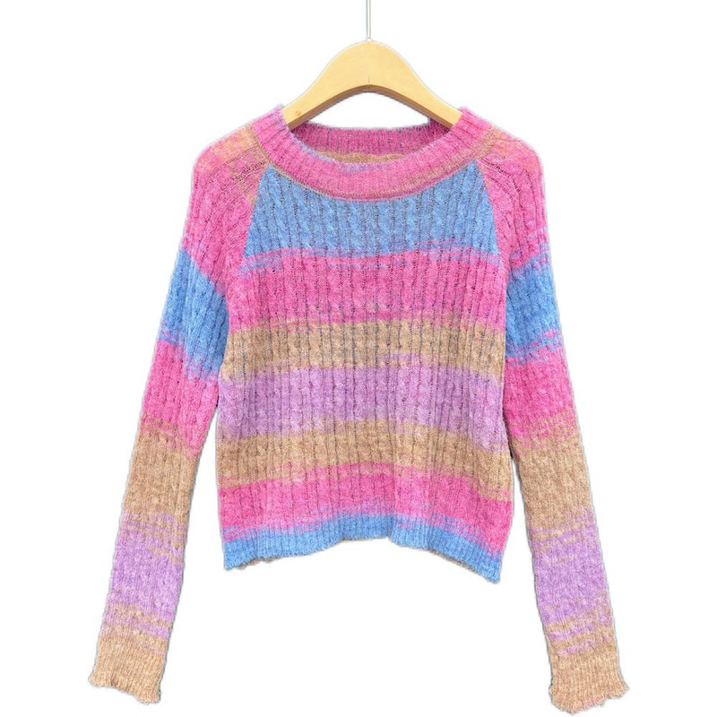 Womens Casual Crew Neck Loose Pullover Colorful Rainbow Stripes Print Long Sleeves Spring Fall Knitwear – Pullover and Women Pullover price