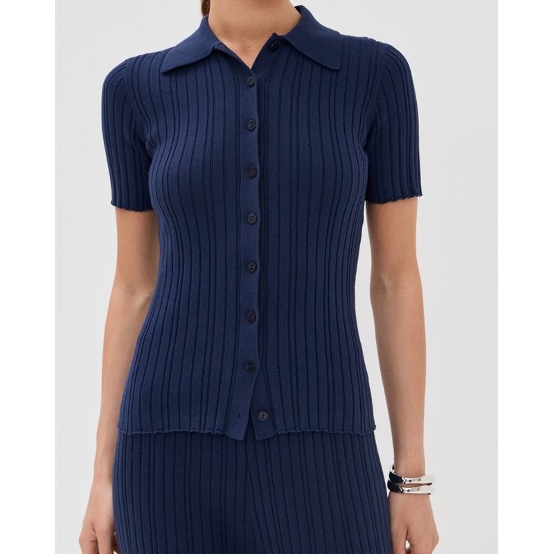 100% Cotton Super Stretch Ribbed Knitted Collared Neck Button Placket Womens Short Sleeve Sweater – Super Stretch Sweater and Collared Neck Sweater price