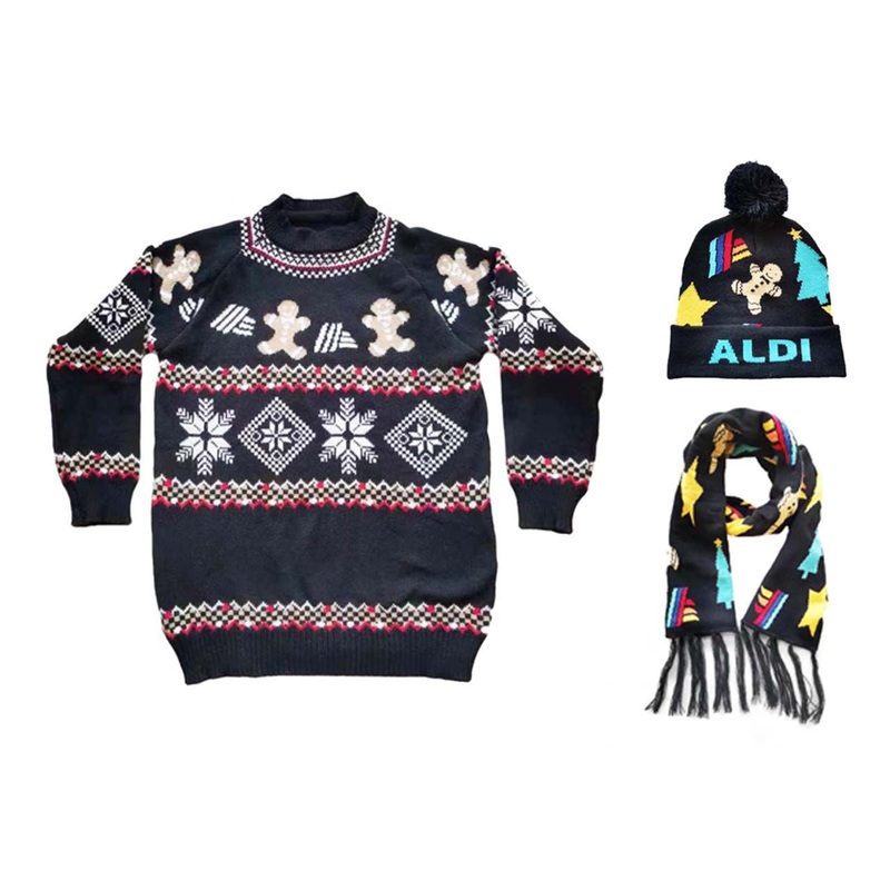 Aldi Christmas Black Gingerbread-Man Knitted Pullover Sweater Scarf Hat Set – Sweater and Knitwear price