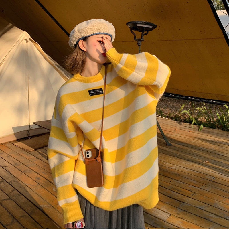 Autumn and Winter Loose Striped Sweater Round Neck Pullover Sweater – Womens Sweaters and Oversize Pullover price