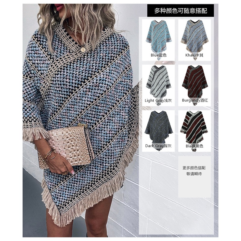 Autumn and Winter New Contrasting Stripes European and American Cross-Border Ethnic Style Tassel Pullover Cape Shawl Women Sweater – Sweater and Women Sweater price