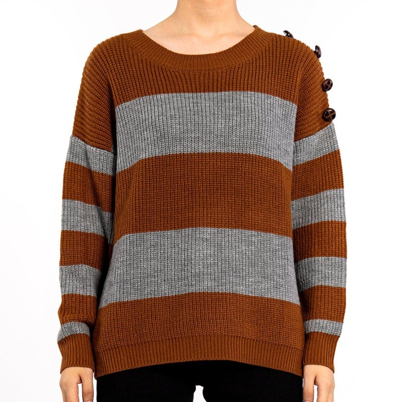 Autumn Clashing Stripes Button Round Neck Slim Long Sleeve Womens Sweaters – Casual Sweaters and Cute Sweaters price