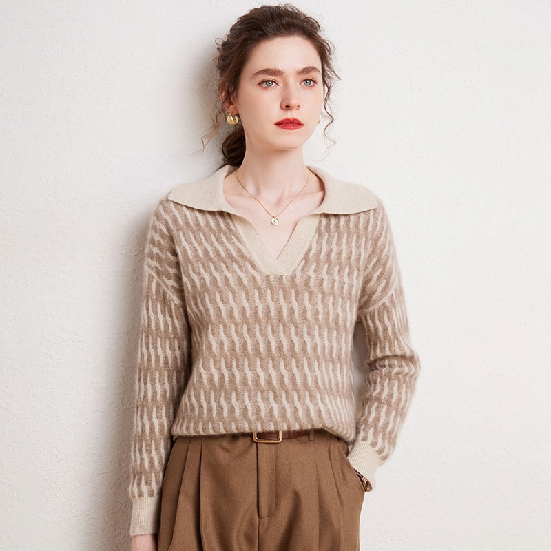 Autumn/Winter Lapel Fashionable Colour Clash Design Cashmere Knitted Sweater for Lady – Everyday Clothing and Womens Garments price