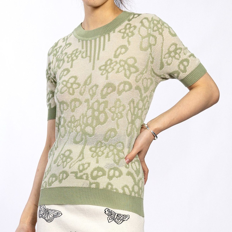 Custom Green Ribbed Hem Knitted Cotton Female Top Short Sleeve Women Sweater Shirts – Cardigan and Women Cardigan price