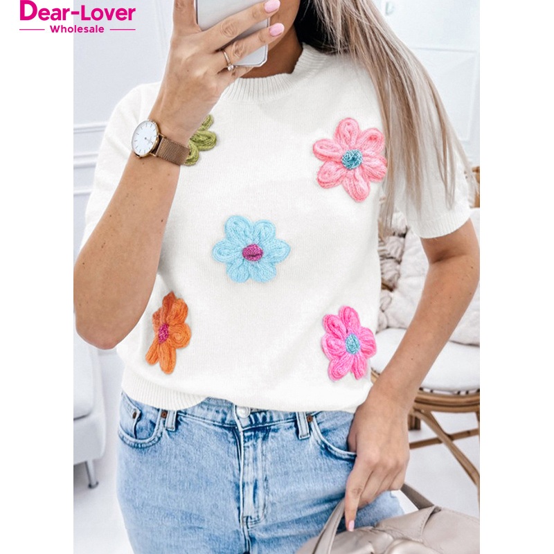 Dear-Lover Sweater Manufacturer Cute Flower Applique Short Sleeve Ladies Sweater – Sweater and Pullover Sweater price|Relax