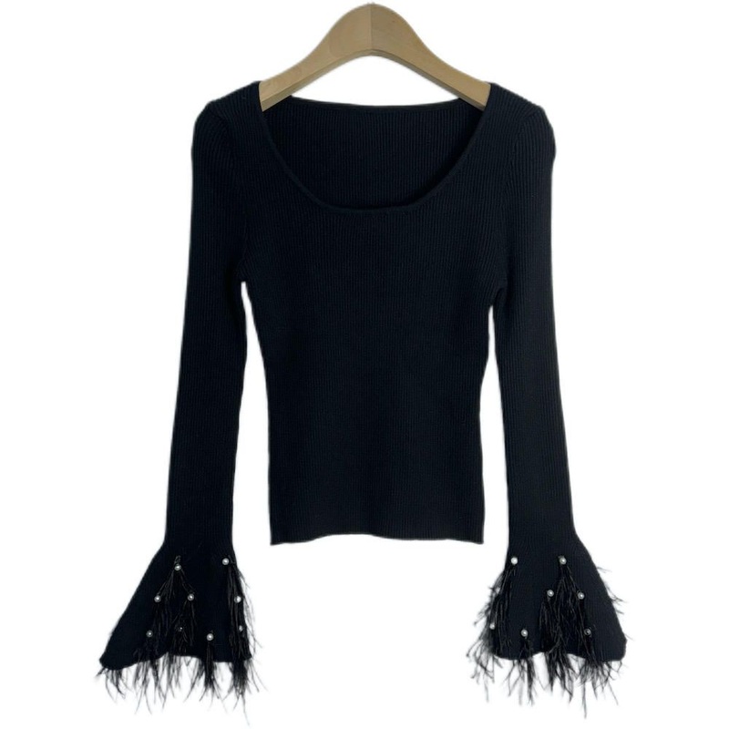 Elegant Womens Crew Neck Flare Sleeves Beaded Cable Knitted Pullover Dress with Feathery Rhinestones Print for Ladies – Pullover and Ladies Pullover price