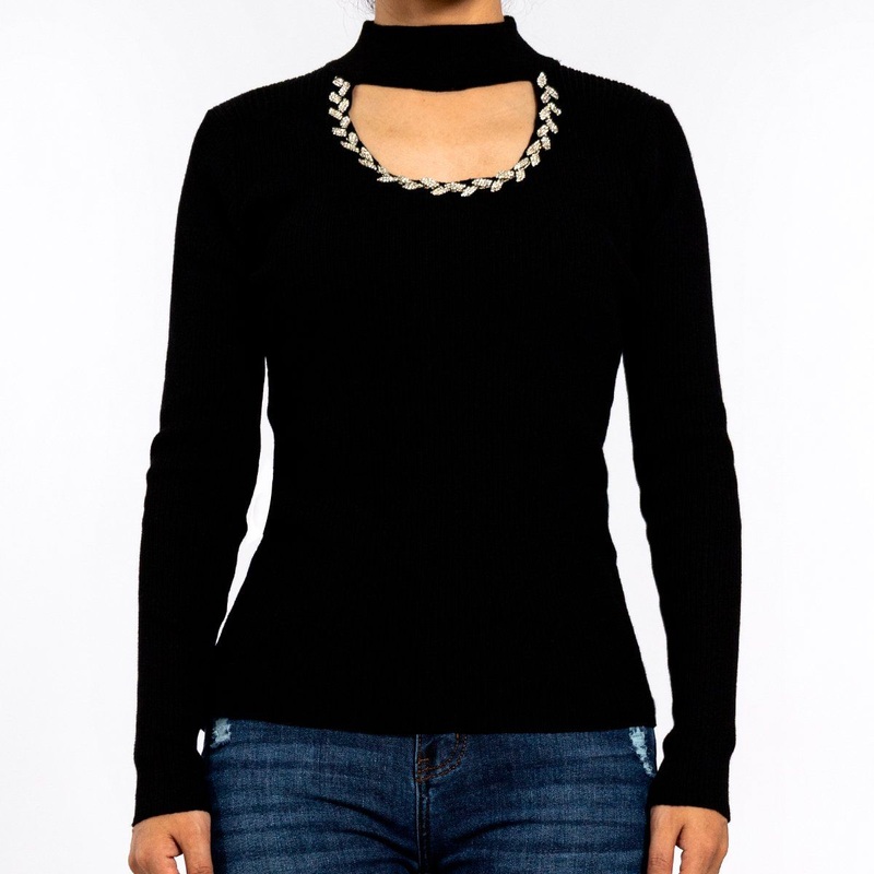 Knitted U-Neck Hollow Diamond Decorative Collar Long Sleeve Black Sweaters for Women – Women Sweater and Pullover Sweater price