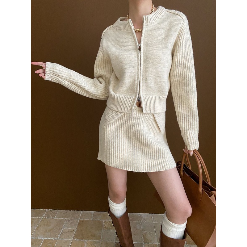 Spring Autumn New Simple Vintage French Knit Sweater Skirt Set for Women – Skirt Set and Double Zippers price