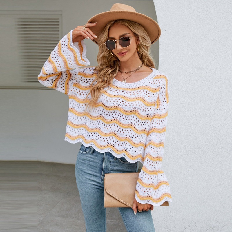 Spring Autumn Woman Fashion Long-Sleeved Smock Hollow out Beach Round Neck Knitted Wave Striped Sweater – Striped Sweater and Women Sweater price