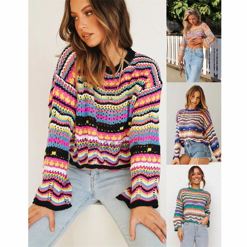 Spring Women Hollow-out Long Sleeve Knit Striped Print Sweater – Crew Neck Sweaters and Women Fall Sweaters price