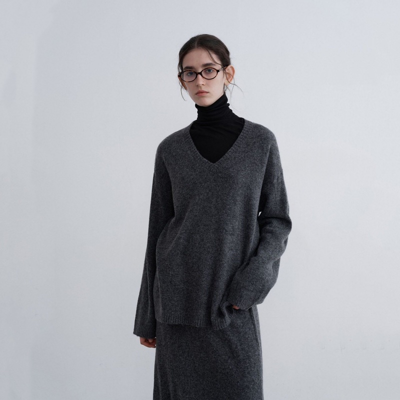 V-Neck Grey Wool Sweater Womens Autumn and Winter Knitted Tops – Pants and Trousers price