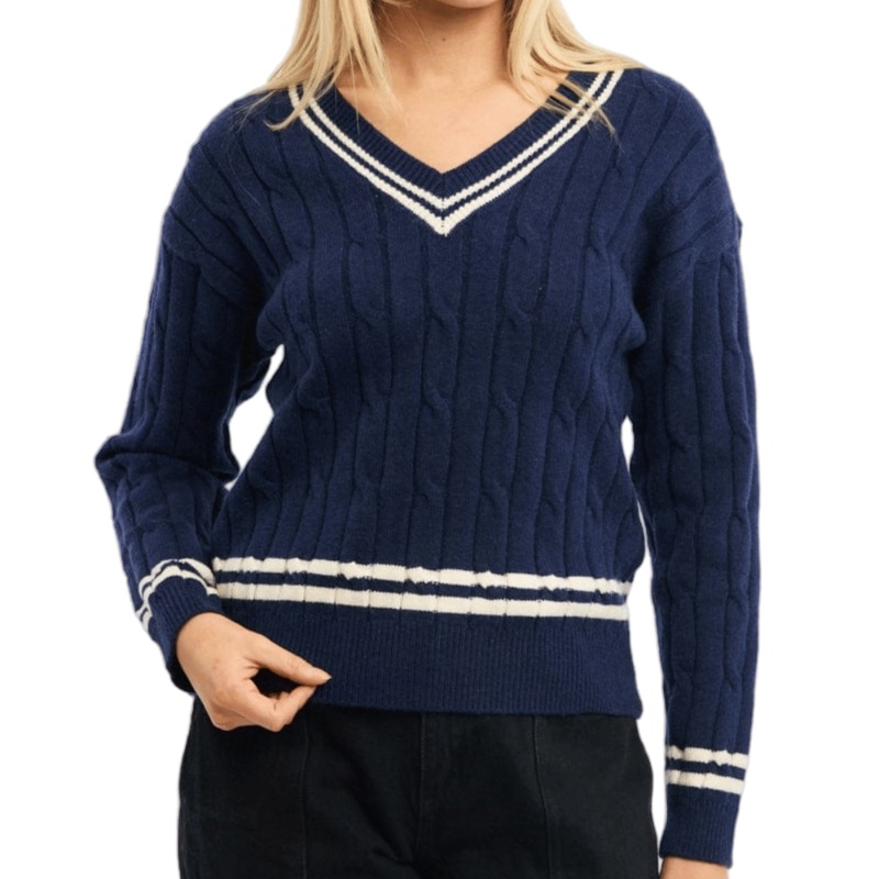 Wholesale Dark Blue Color Cable Knit V-Neck Knit Top Fashion Women Sweater – Fashion Woman Clothing and Cable Knit Sweater price