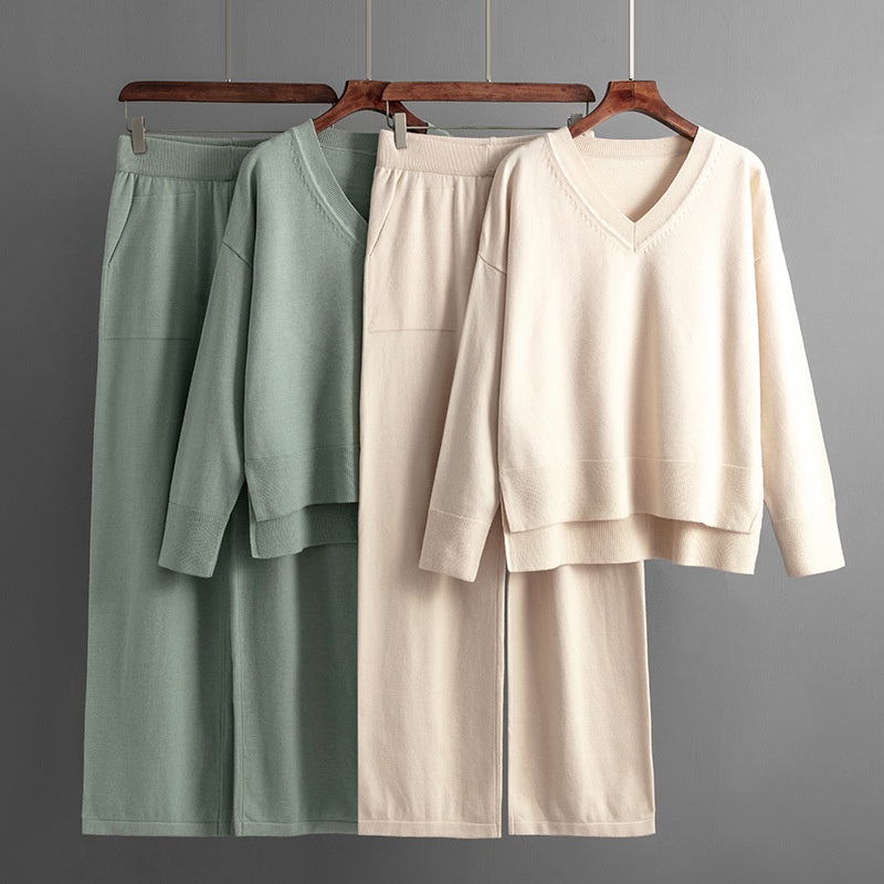Woman Fashion Suit Women Autumn Winter Loose Knit Pants V Neck Long Sleeve Split Casual Sweater Set – Women Sweater Set and Women Sweater price