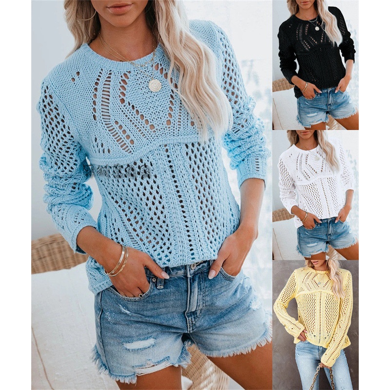Women Fashion Spring Casual Long Sleeve Hollow-out Knit Pullover Sweater – Solid Sweaters and Women Spring Sweater price