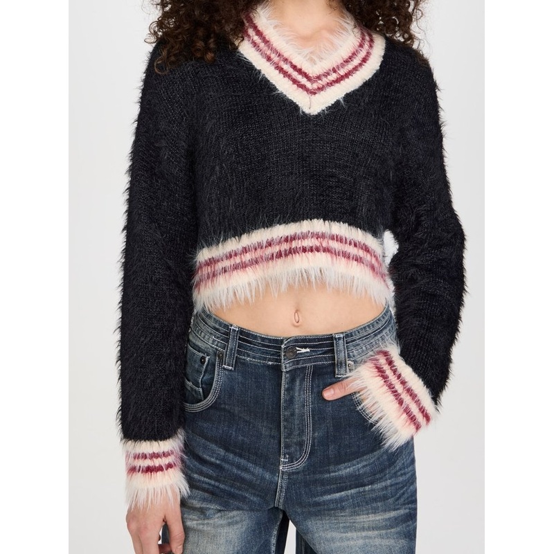 Women High Quality Fluffy V Neck Stripe Pattern Long Sleeves Pullover Sweater – Womens Sweater and V Neck Sweater price