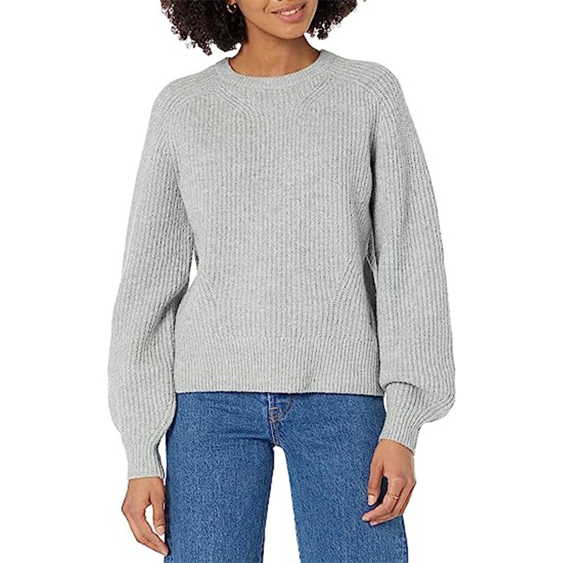 Womens Crew Neck Rib Sweater Puff Sleeves Fashion Design – Jacquard Sweaters and Sweater price
