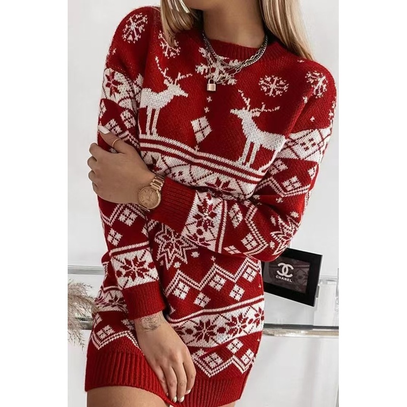 Christmas Long Sleeve Crew Neck Geometric Jacquard Knit Dress Sweater Women Jumper – Womens Sweater and Christmas Sweater price