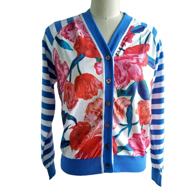 Digital Flower Printed Spring and Autumn Ladies Knitted Cardigan Women Knitting Sleeve Sea Blue Striped Sweater – Sweater and Ladies Sweater price