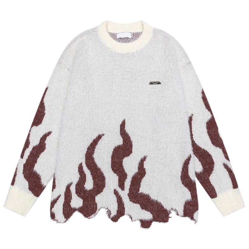 Flame Pattern Jacquard Women Pullover Muti- Color Ribbed Womens Round Neck Loose Sweater – Knitted Sweater and Womens Sweater price