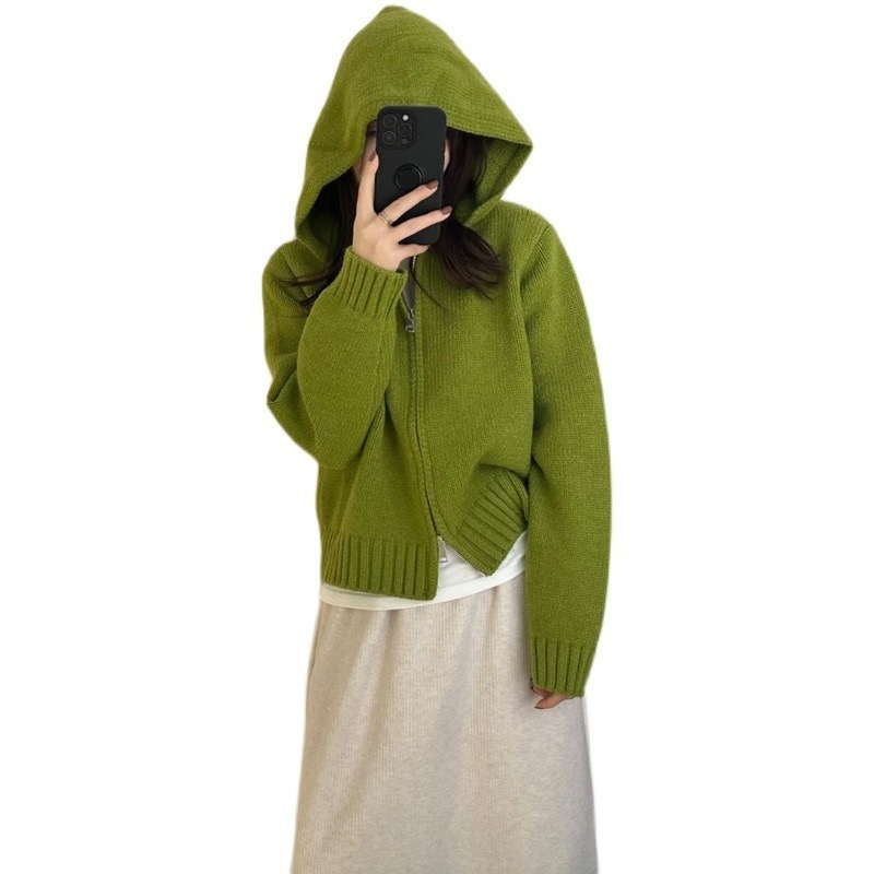 Nnr Custom Wholesale Lady Crew Neck Solid Color Knitwear Autumn Long Sleeve Hooded Zipper Coat Knitted Sweater – Sweater and Women Sweater price