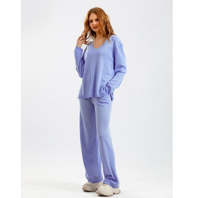 Solid Color V-Neck Ice Silk Set Loose Commuting High-Waisted Casual Sweater for Women – Spring and Autumn Apparel and Niche Design Clothes price