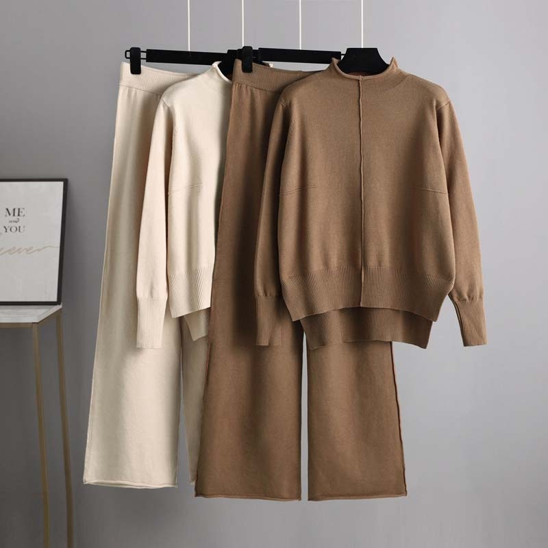Solid Color Women Knitwear Clothing Knit Two-Piece Female Autumn Winter Loose Casual Wide-Leg Trouser + Sweater Jumper – Sweater Set and Women Sweater price