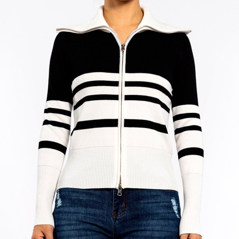 Spring Knitted V-Neck Black White Striped Zipper Jacket Long Sleeve Cardigan for Women – Sweater for Women and Striped Womens Cardigan price