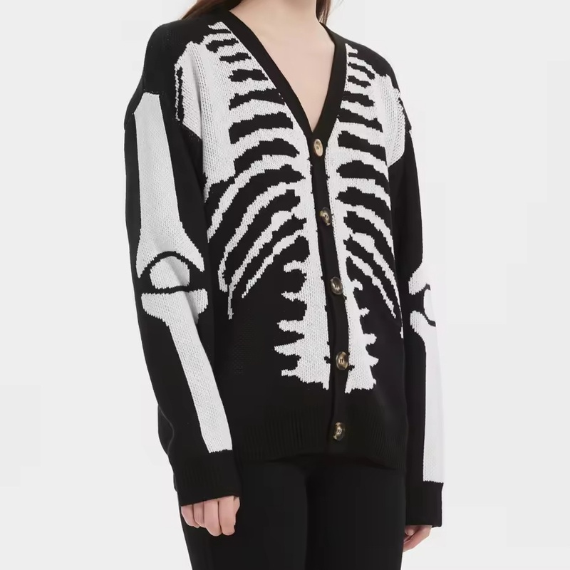 Winter Halloween Skeleton Knitted Long Sleeve Womens Cardigans Sweaters Button up Loose Sweater – Sweater and Halloween Sweater price