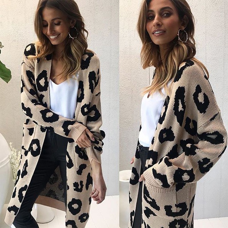 Women Fashion Long Knit Leopard Print Loose Sweater Cardigan – Long Cardigan Sweater and Designer Cardigan price