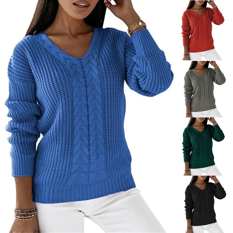 Women V-Neck Long Sleeve Jacquard Knit Top Pullover Sweater – Knit Sweater Top and Women Winter Sweater price