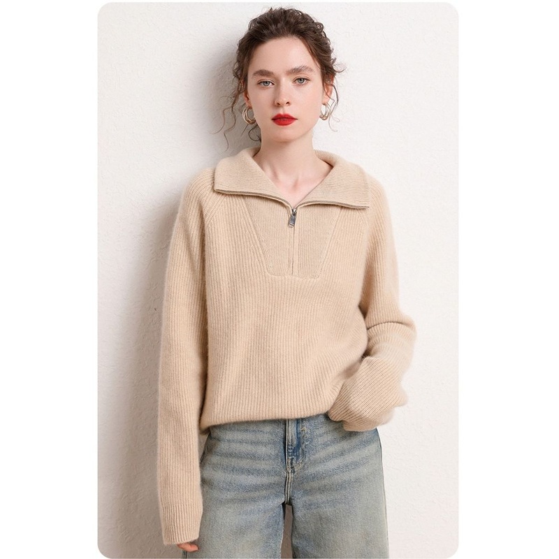 Womens Cashmere Knitted Zip Lapel Autumn and Winter Loose Casual Thickened Sweater – Everyday Clothing and Lady Garments price