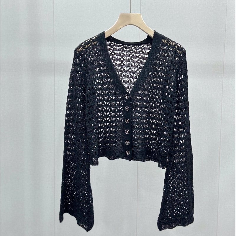 Womens Casual Spring Cardigan Bell Sleeves Thin Hallow-out Cable Twisted Computer Knitwear Button Decorated Sweaters – Sweater and Knitwear price