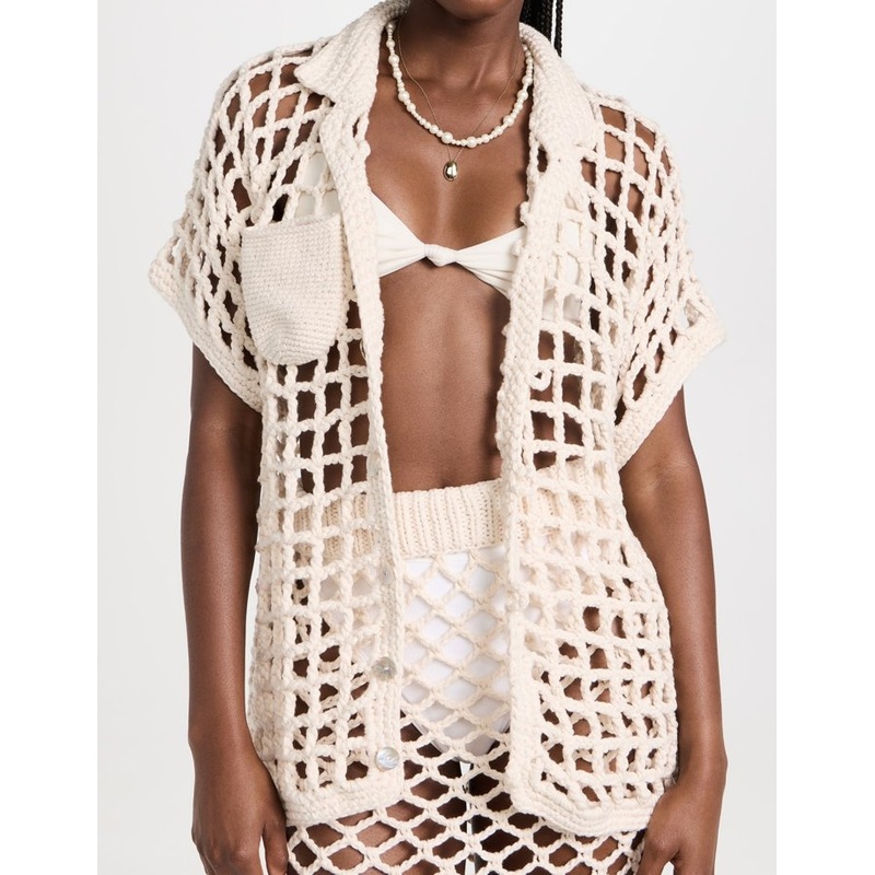 Womens MID-Weight Crochet Open Knit Pattern Collared Neckline with Short Sleeves Button Placket Short Sleeves Top – MID Weight Crochet Top and Semi Sheer Top price