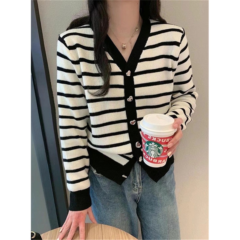 Womens Striped Contrast Knit Heart Button Loose Cropped Sweater – Ladies Sweater and Crochet Sweater price
