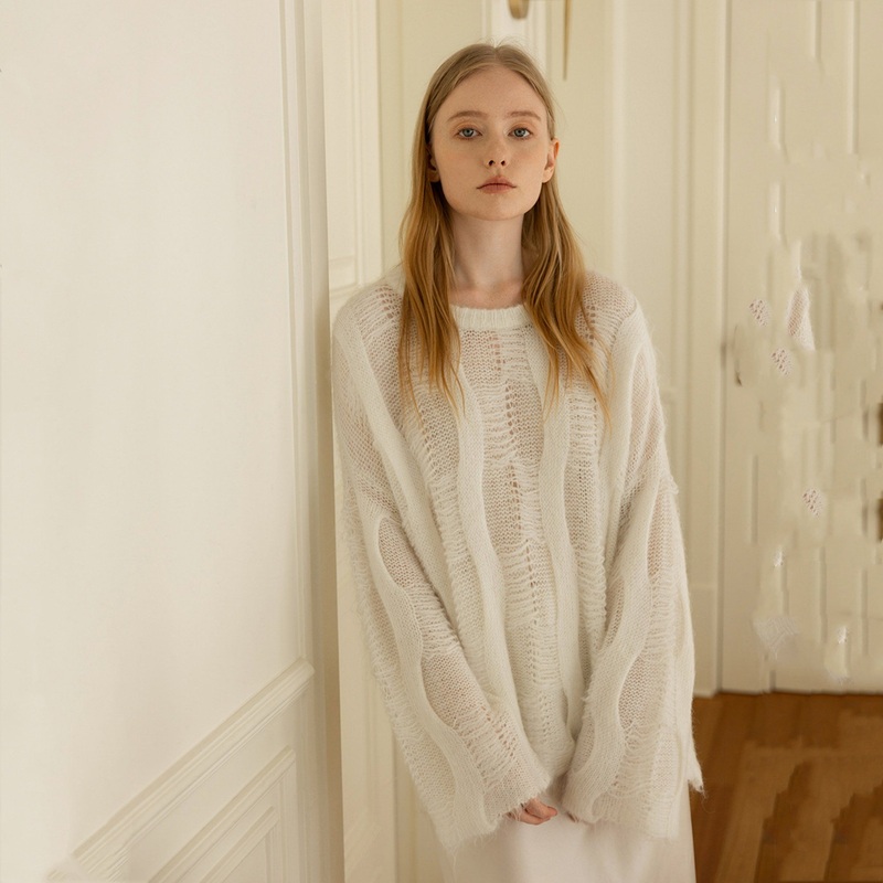 2024 Autumn Womens Mohair Lace Knit Sweater Thin Wool Long Sleeve – Pants and Trousers price