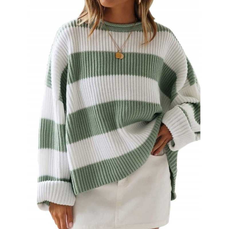 Autumn and Winter New Fashion Womens Fall and Winter Round Neck Loose Casual Knitting Warm Pullover Striped Knit Top Sweater – Womens Pullover Sweater and Womens Cardigan Sweater price