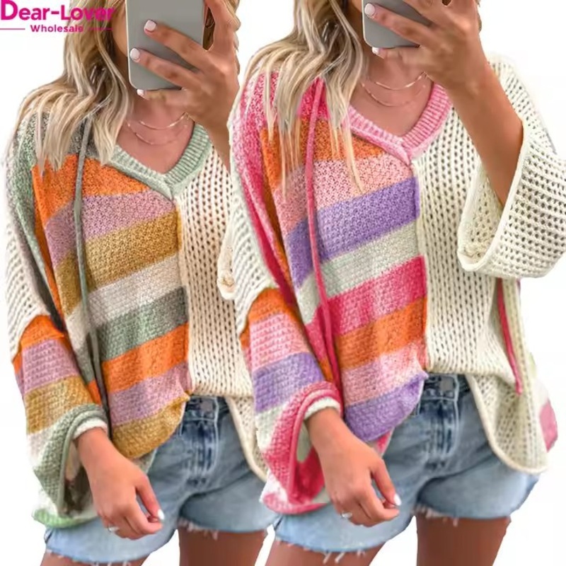 Dear-Lover OEM ODM Custom Manufacturers Wholesale Color Block V Neck Hooded Oversized Sweater – Sweater and Pullover Sweater price|Relax