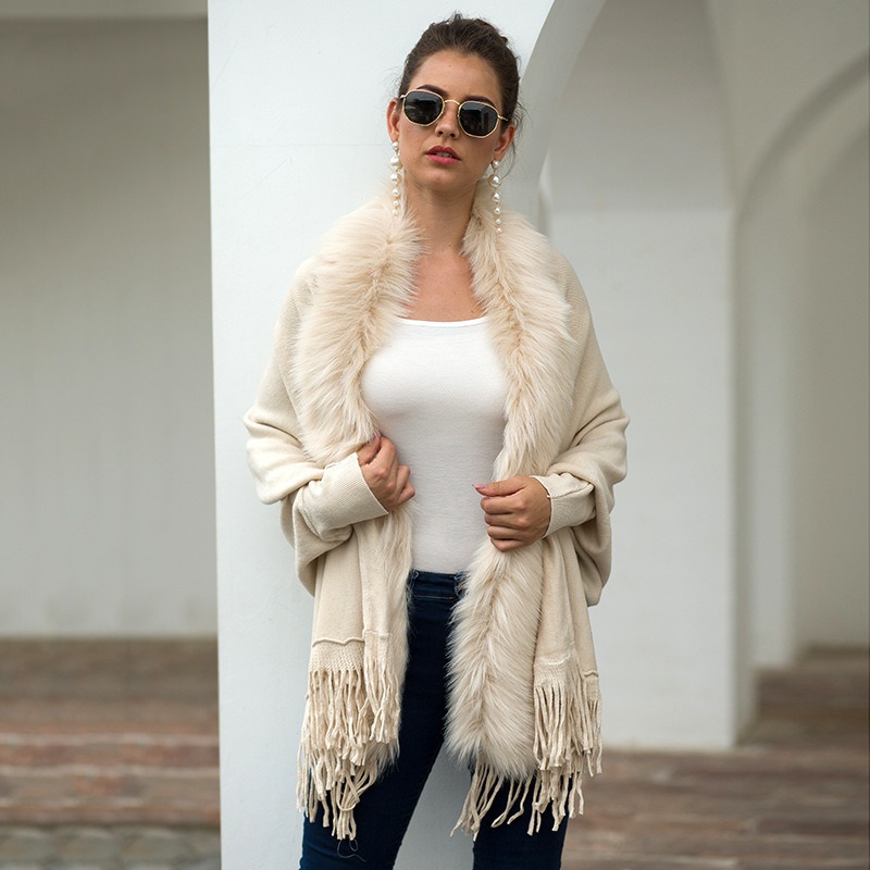 European and American Style Autumn and Winter Foreign Trade Fringed Cloak Cape Fur Collar Solid Color Cardigan Sweater – Sweater and Women Sweater price