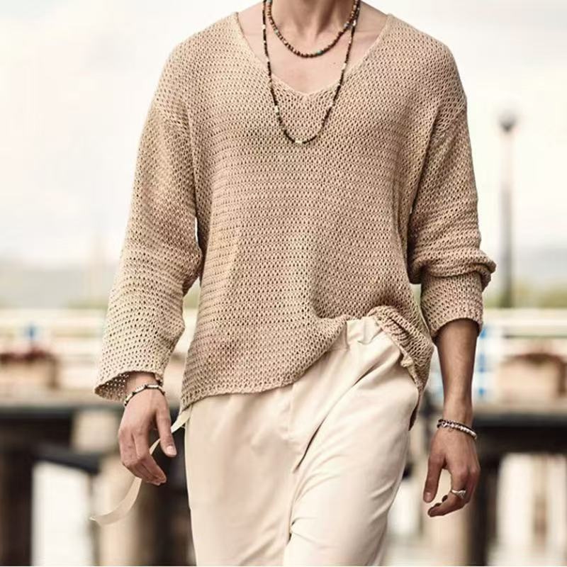 Mens Loose Openwork Knit Cardigan – Breathable Cotton Blend Casual Streetwear Outerwear – Oversized Crochet Sweater for Men and Lightweight Openwork Cardigan price|Shanghai, China