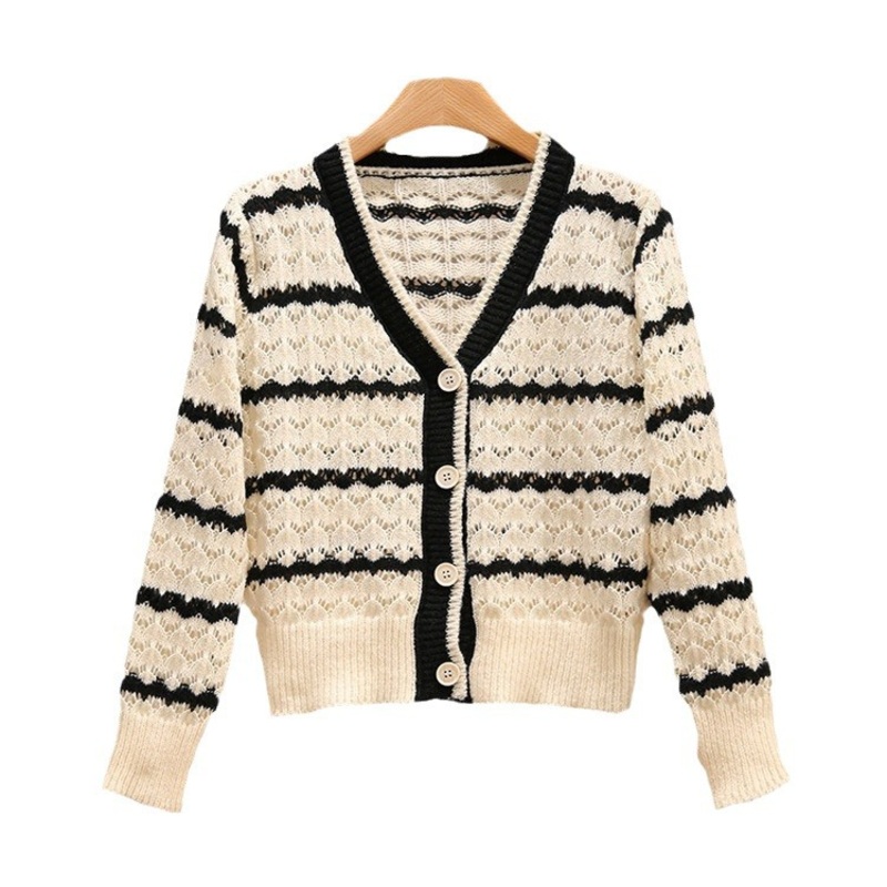 New 2024 Spring and Autumn Loose Outside with Striped Small Fragrance V-Neck Hollow Knit Cardigan Sweater Coat – Sweater and Long Sleeve Cardigan price