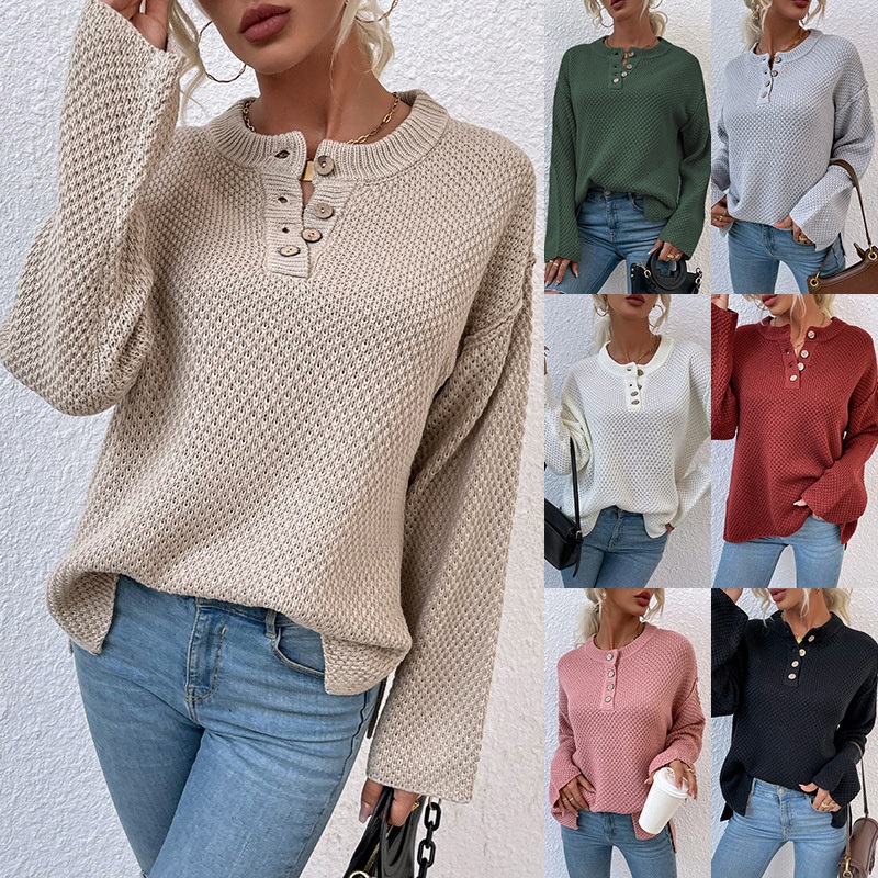 Round Neck Chest Button Cardigan Women Autumn and Winter New Split Knitted Sweater – Sweater and Women Sweater price