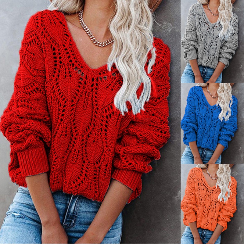 V-Neck Hollow-out Women Long Sleeve Casual Knit Pullover Sweater – Custom Sweaters and Women Knit Sweater price