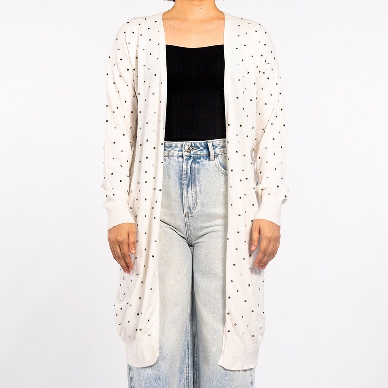 White Long Rhinestone Studded Long Sleeve Knit Cardigan for Women – Women Sweater and Ladies Cardigan price