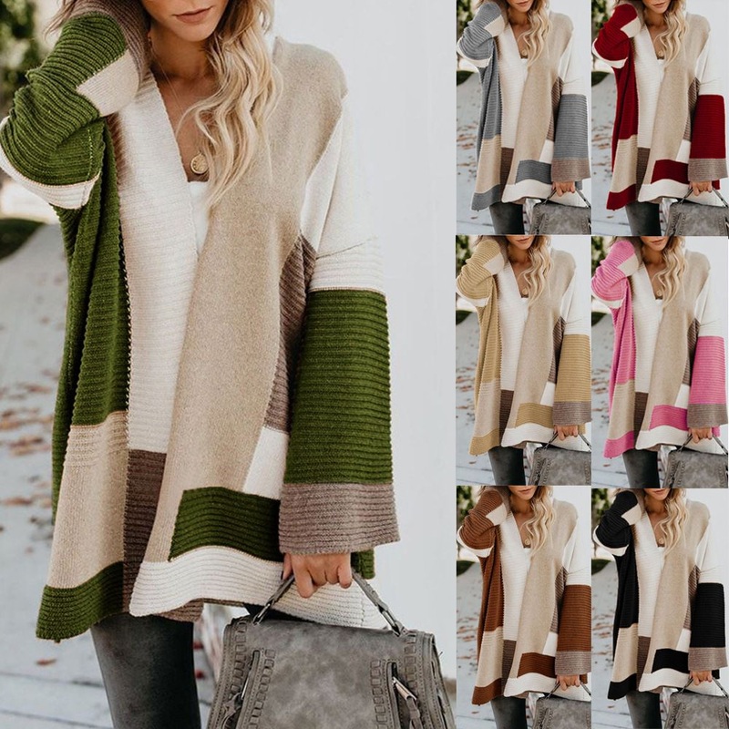 Women Long Knit Loose Stitching Color Coat Sweater Cardigan – Knit Cardigan and Long Cardigan Women price