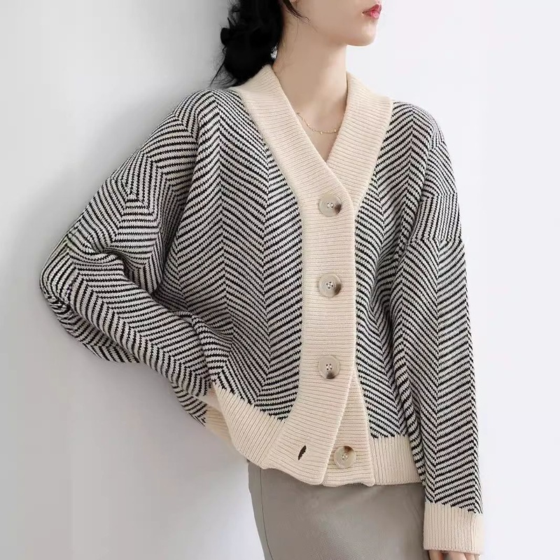 Autumn Vintage Knitted Cardigan for Women Striped Idle Style Thick Coarse Yarn All-Matching Outer Wear Sweater – Womens Pullover Sweater and Womens Cardigan Sweater price